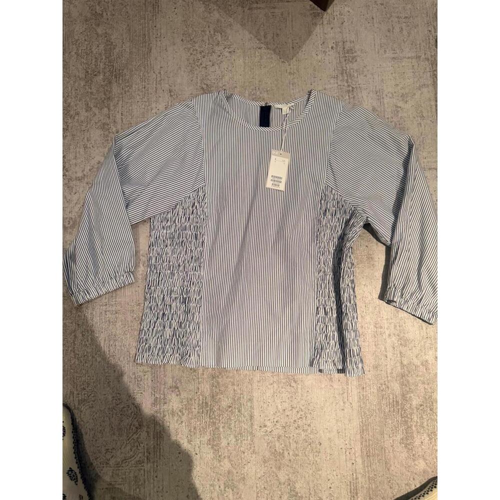 NWT COS Striped Long Sleeve Blouse With Smocked Sides Size 14